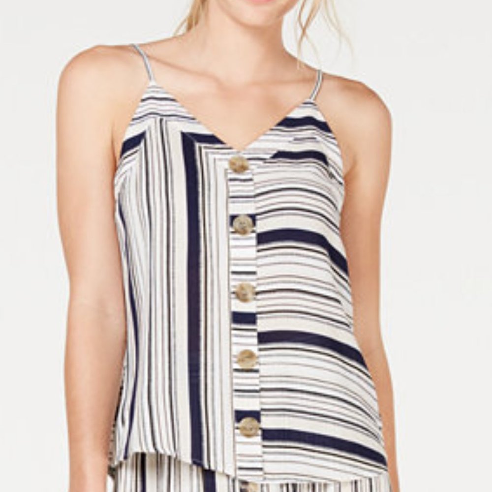 BCX Juniors' Striped Button-Trimmed Tank Top Large